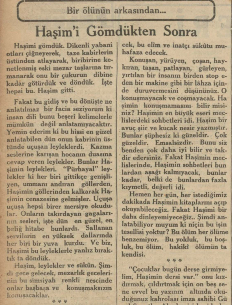 Ahmet Haşim'in gömülmesinin Elif Naci gözünden anlatılışı