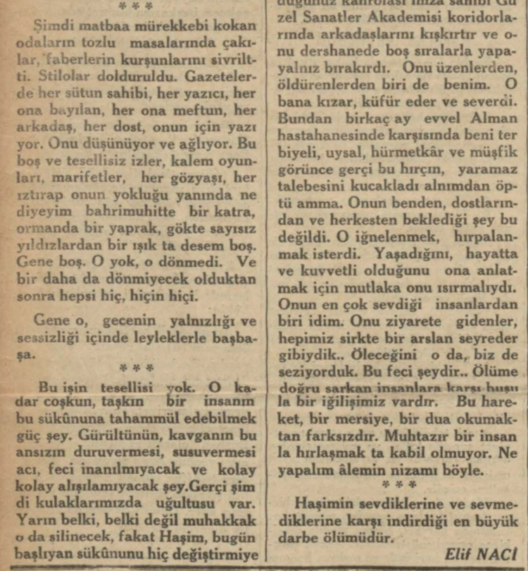 Ahmet Haşim'in gömülmesinin Elif Naci gözünden anlatılışı