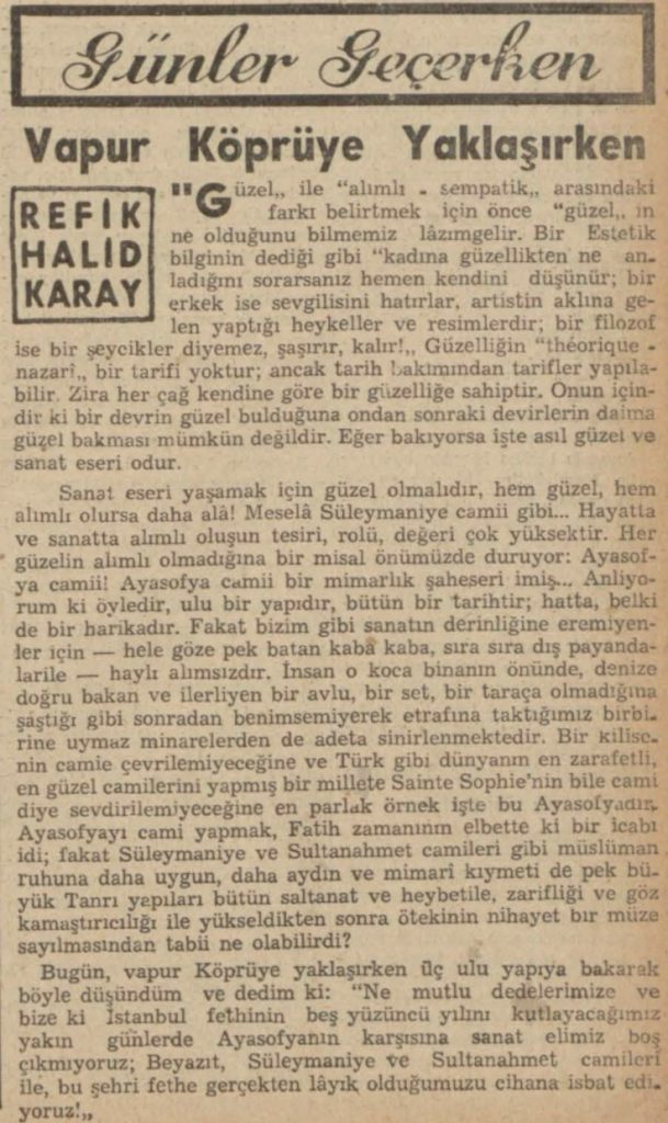 Refik Halit'in "Vapur köprüye yaklaşırken" başlıklı yazısı