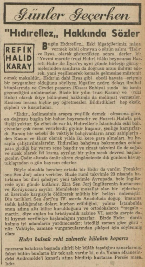 Refik Halit'in "Hıdırellez hakkında sözler" başlıklı yazısı