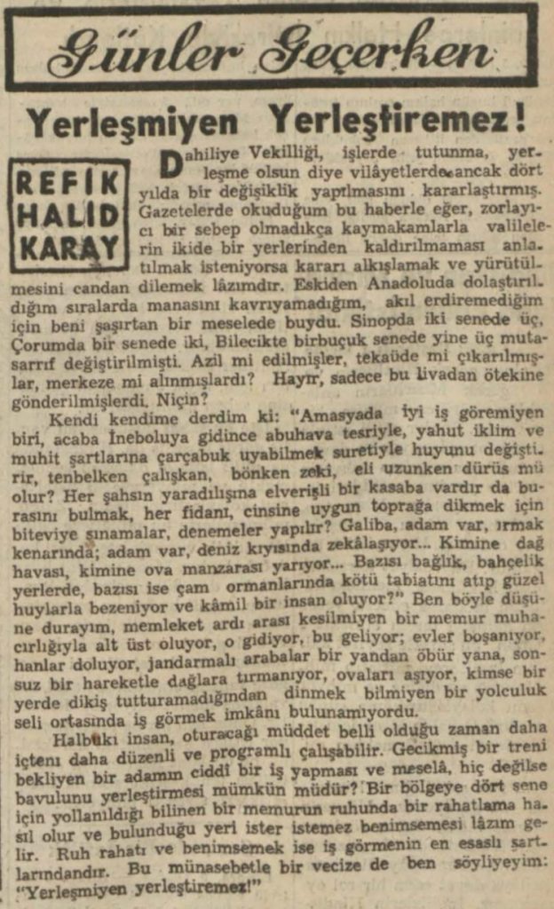 Refik Halid'in "Yerleşmeyen yerleştiremez" başlıklı yazısı