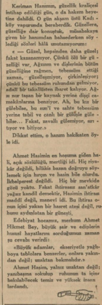 Ahmet Haşim'in ölümü ardından, "Hem nalına hem mıhına" adlı köşenin yazarı tarafından Ahmet Haşim'e dair yazılanlar. 7 Haziran 1933