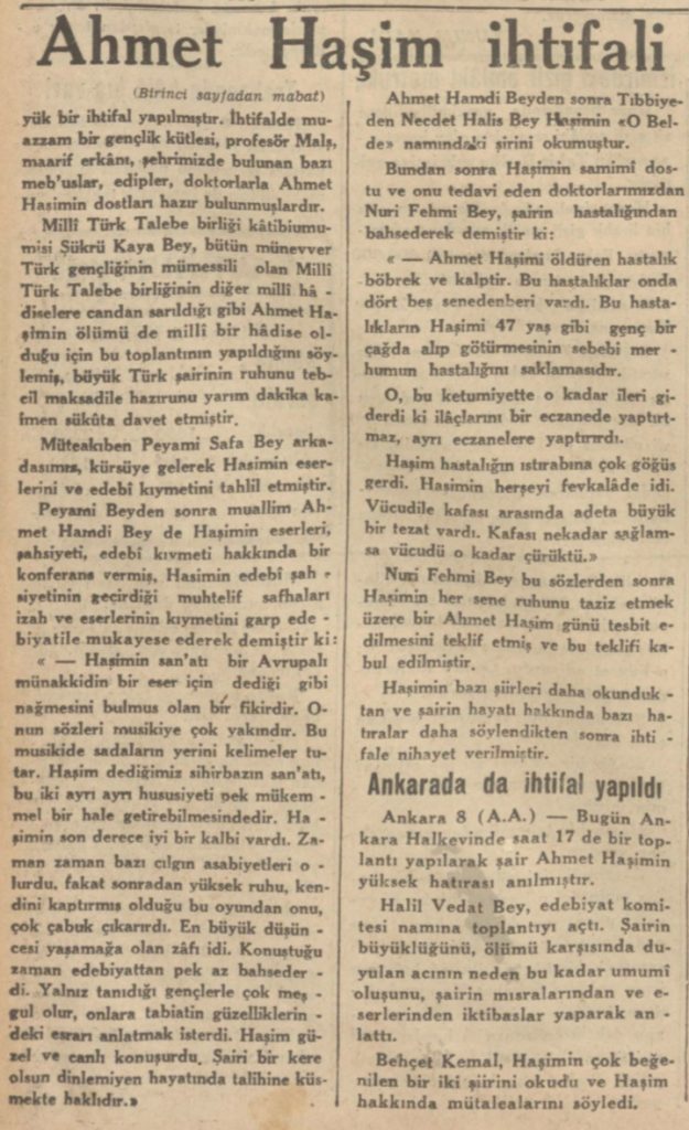 Ahmet Haşim'in ölümü ardından, ona hürmet ve saygı göstermek için yapılan anma töreni