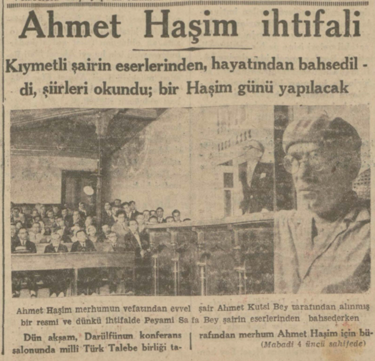 Ahmet Haşim'in ölümü ardından, ona hürmet ve saygı göstermek için yapılan anma töreni