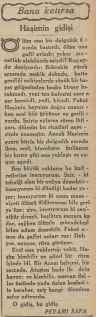 Peyami Safa'nın Ahmet Haşim'in ölümü ardından yazdıkları