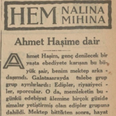 7 Haziran 1933: “Ahmet Haşim’e dair”