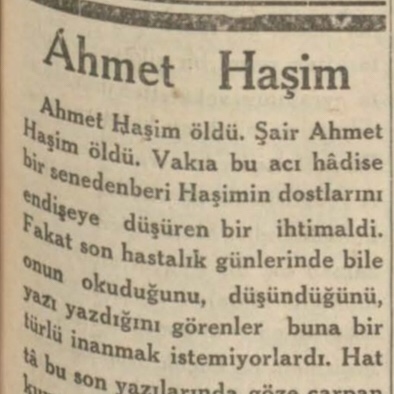 Mehmet Asım’ın Ahmet Haşim’in ölümü ardından yazdıkları