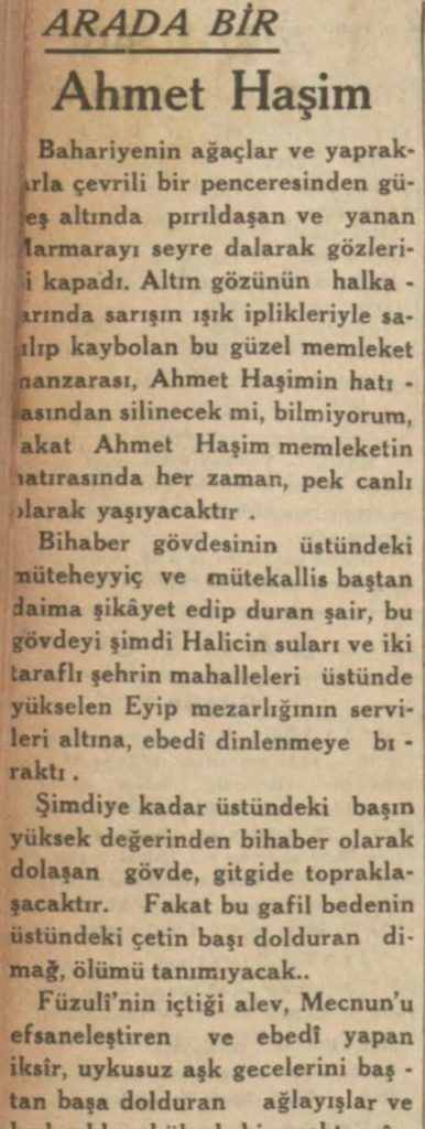 Refik Ahmet'in Ahmet Haşim'in ölümü ardından yazdıkları