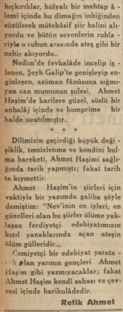 Refik Ahmet'in Ahmet Haşim'in ölümü ardından yazdıkları