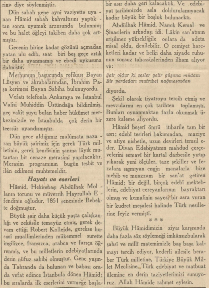 13 Nisan 1937. Cumhuriyet Gazetesi. Vefat etmiş bulunan