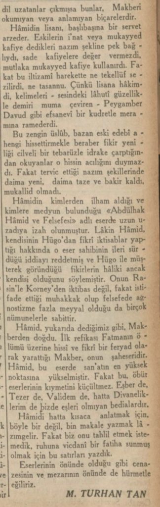 Abdülhak Hamid'in ölümü ardından onu anmak için yazılan Turhan Tan yazısı.