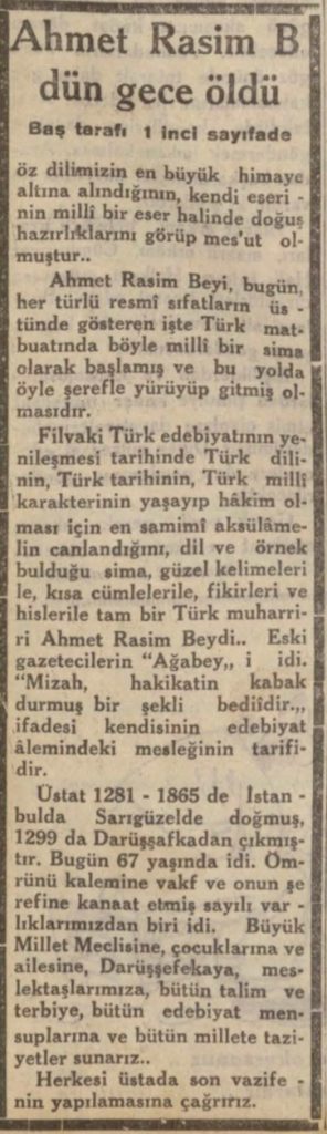 Ahmet Rasim ölüm haberi