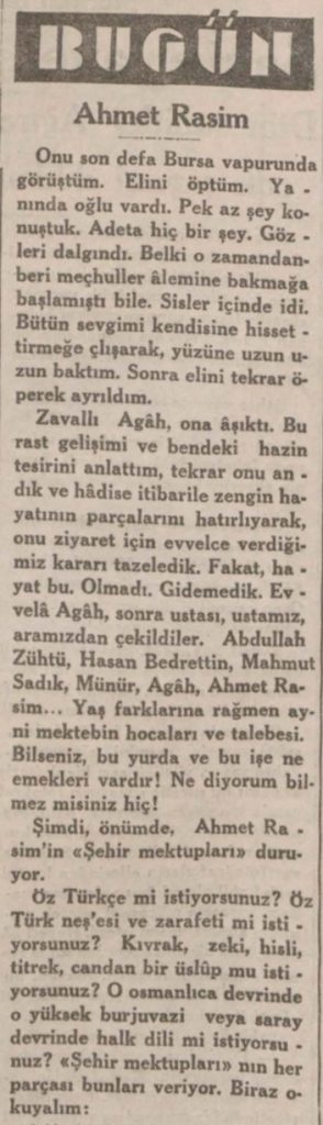 Peyami Safa'nın Ahmet Rasim'in ölümü ardından yazdıkları