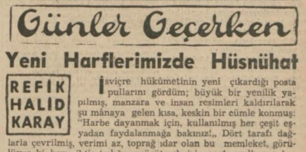 Refik Halit’in “Yeni harflerimizde hüsnühat” başlıklı yazısı