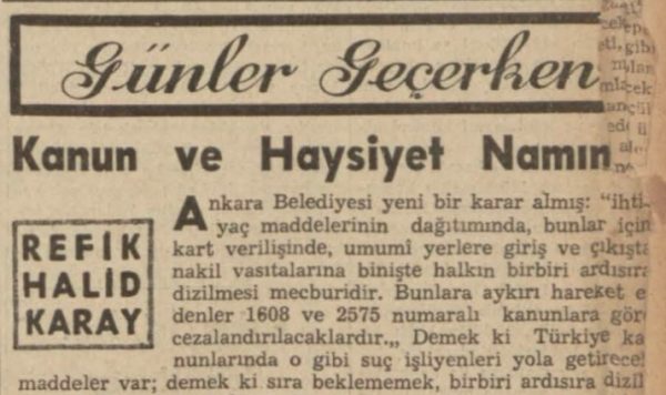 Refik Halit’in “Kanun ve haysiyet namına” başlıklı yazısı