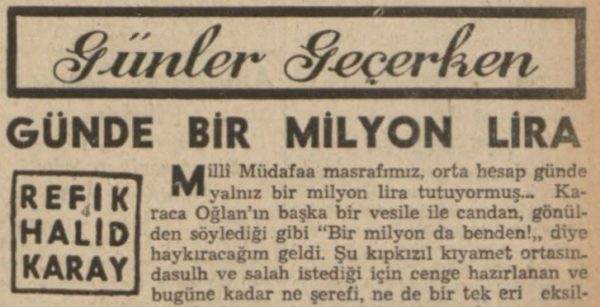 Refik Halit’in “Günde bir milyon lira” başlıklı yazısı