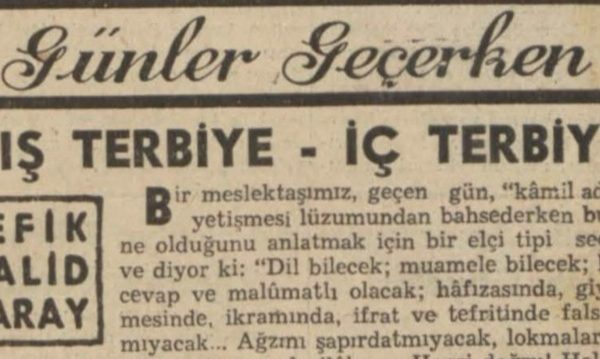 Refik Halit’in “Dış terbiye, iç terbiye” başlıklı yazısı