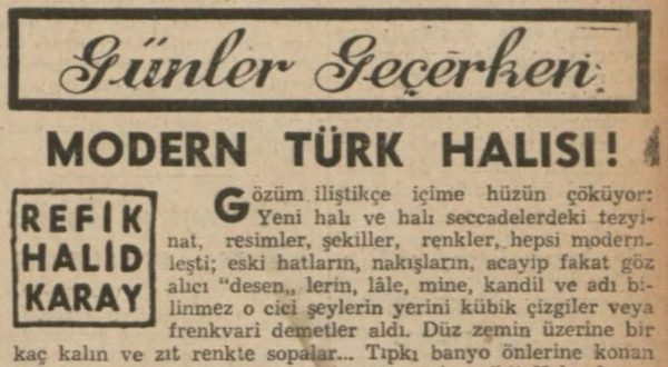 Refik Halit’in “Modern Türk halısı” başlıklı yazısı