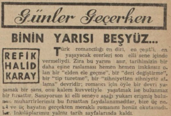 Refik Halit’in “Binin yarısı beşyüz” başlıklı yazısı