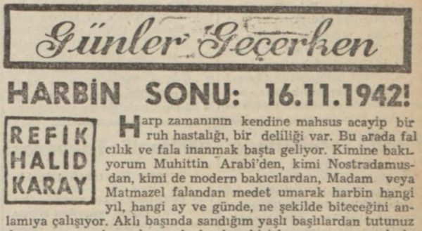 Refik Halit’in “Harbin sonu: 16.11.1942” başlıklı yazısı