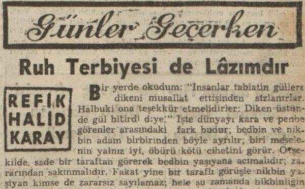 Refik Halit’in “Ruh terbiyesi de lazımdır” başlıklı yazısı