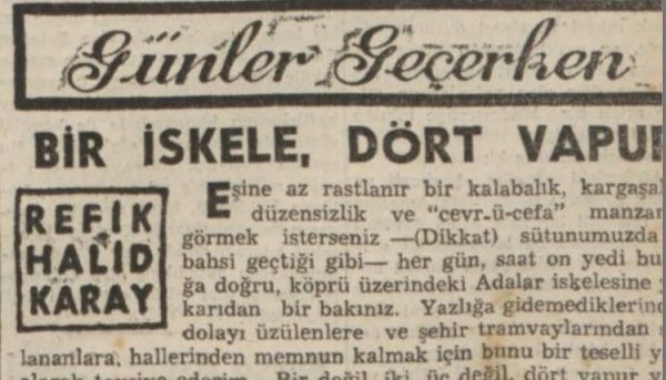 Refik Halit’in “Bir iskele, dört vapur” başlıklı yazısı