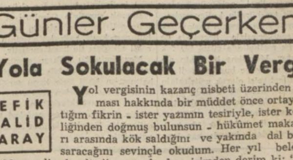 Refik Halit’in “Yola sokulacak bir vergi” başlıklı yazısı
