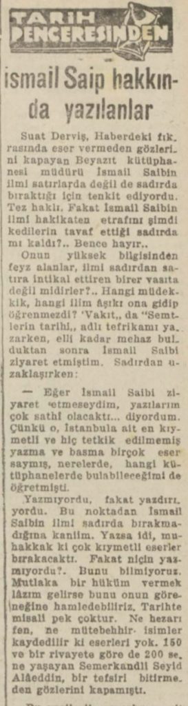 Ayaklı kütüphane İsmail Saib'in ölümünün ardından yazılan bir yazı.