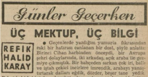 Refik Halit’in “Üç mektup üç bilgi” başlıklı yazısı