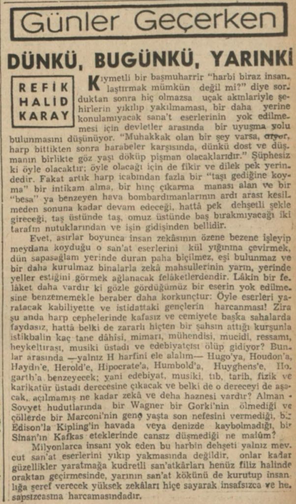 Refik Halit'in "Dünkü, bugünkü, yarınki" başlıklı yazısı
