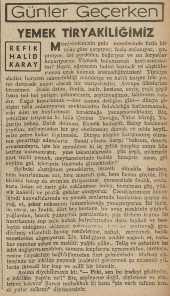 Refik Halit'in "Yemek tiryakiliğimiz" başlıklı yazısı