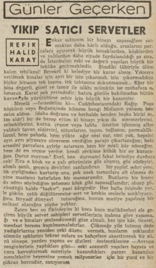 Refik Halit'in "Yıkıp satıcı servetler" başlıklı yazısı