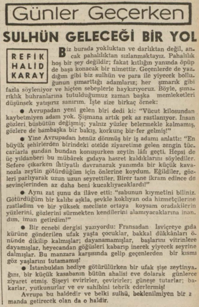 Refik Halit'in "Sulhün geleceği bir yol" başlıklı yazısı