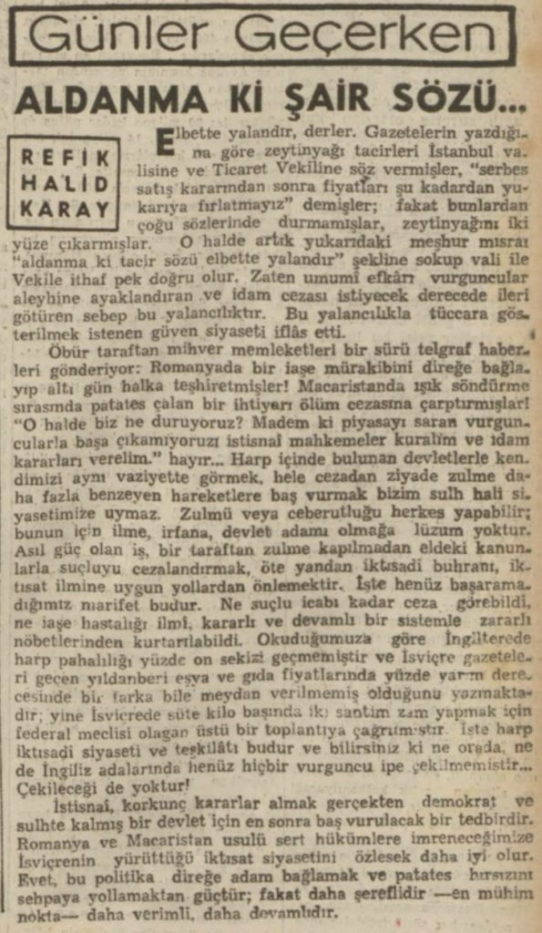 Refik Halit'in "Aldanma ki şair sözü..." başlıklı yazısı