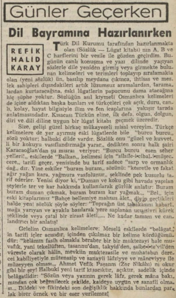 Refik Halit'in "Dil bayramına hazırlanırken" başlıklı yazısı