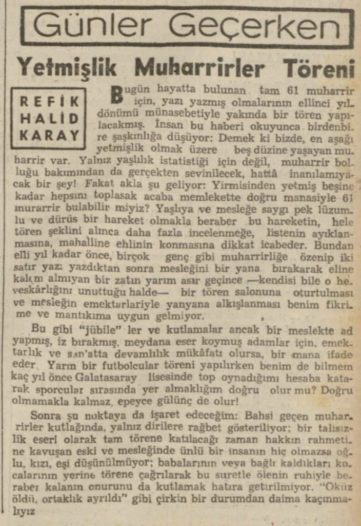 Refik Halit'in "Yetmişlik muharrirler töreni" başlıklı yazısı