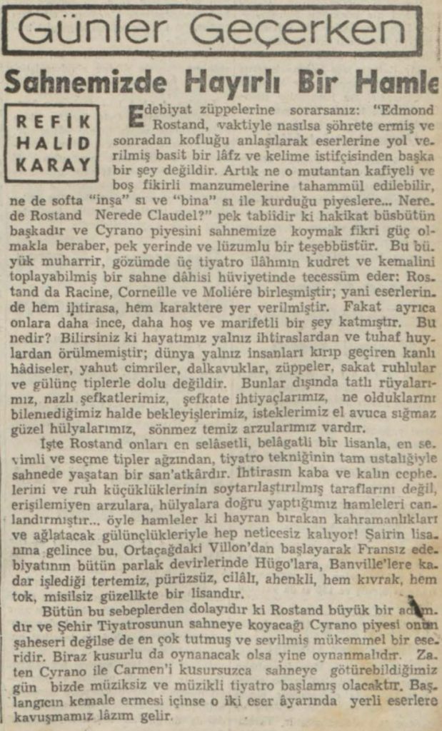 Refik Halit'in "Sahnemizde hayırlı bir hamle" başlıklı yazısı