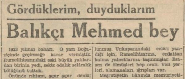 Sermet Muhtar’ın “Balıkçı Mehmed Bey” başlıklı yazısı