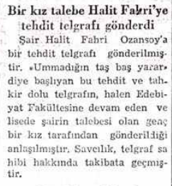 Halit Fahri'ye bir öğrencisinden gönderilen tehdit mektubunu konu edinen haber.