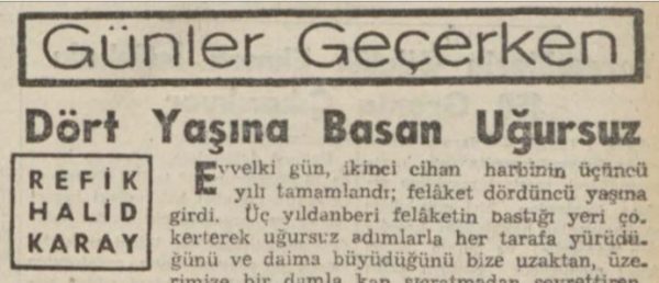 Refik Halit’in “Dört yaşına basan uğursuz” başlıklı yazısı