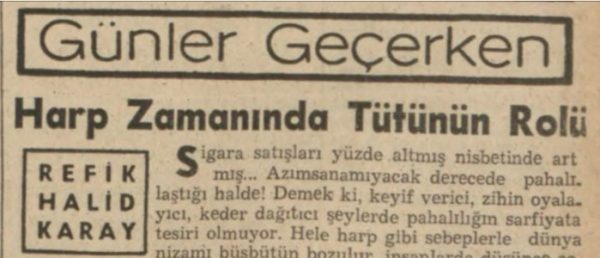 Refik Halit’in “Harp zamanında tütünün rolü” başlıklı yazısı