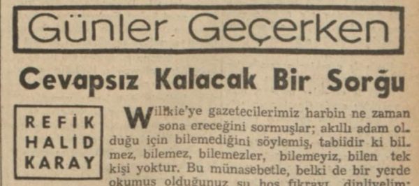 Refik Halit’in “Cevapsız kalacak bir sorgu” başlıklı yazısı