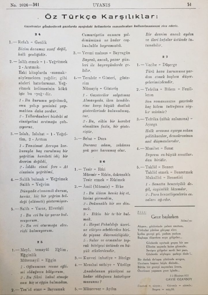 Aytar, Tecim, Kurağ ve Düşerge : Dil devrimini takiben başlayan kılavuz kelimeler uygulamasının 20 Haziran 1935 tarihli Uyanış dergisinde yer alan örnekleri.