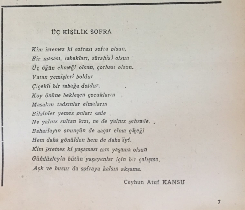 Ceyhun Atuf Kansu'nun Varlık Dergisi’nde yayınladığı “Üç Kişilik Sofra” adlı şiiri.