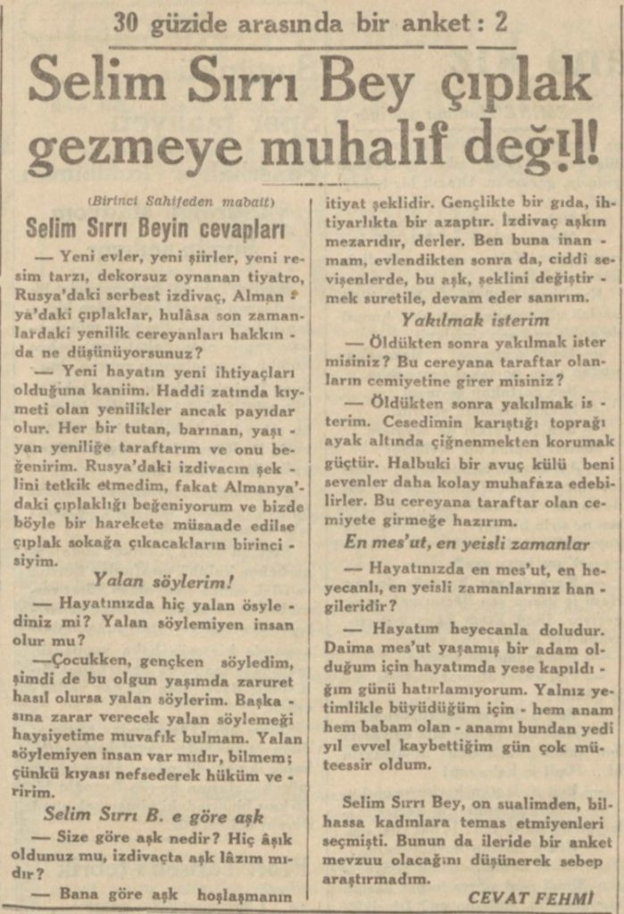 6 Kasım 1931 tarihli Cumhuriyet gazetesinde, Cevat Fehmi Başkut’un, Türkiye'de sporun öncü isimlerinden Selim Sırrı Tarcan ile röportajı.
