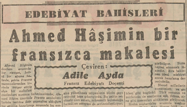 Adile Ayda’nın “Ahmet Hâşim’in bir Fransızca makalesi” başlıklı yazısı