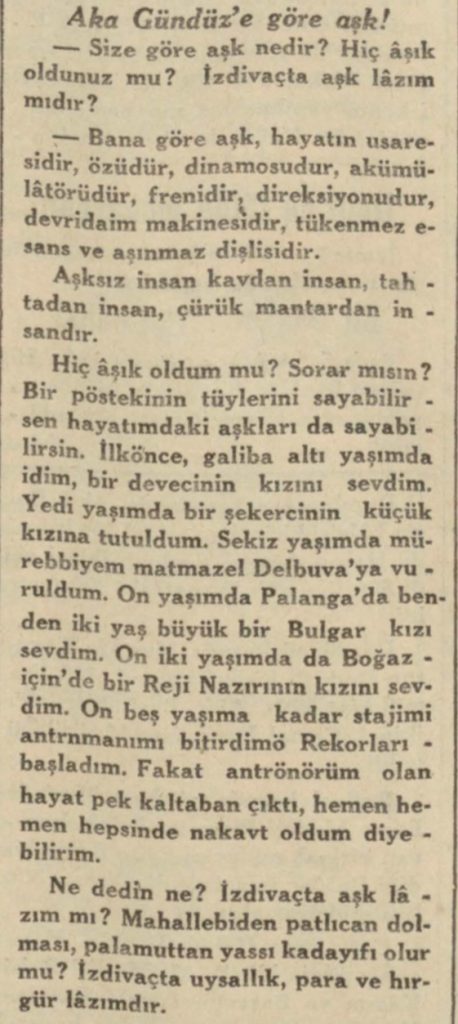 7 Kasım 1931 tarihli Cumhuriyet gazetesinde, Cevat Fehmi Başkut’un, Aka Gündüz ile röportajı.
