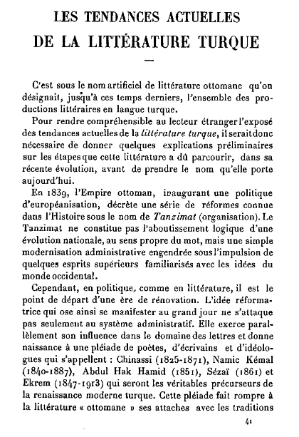 Ahmet Haşim'in Mercure de France dergisinde yer alan "Les Tendances Actuelles de la Littérature Turque" başlıklı makalesi.