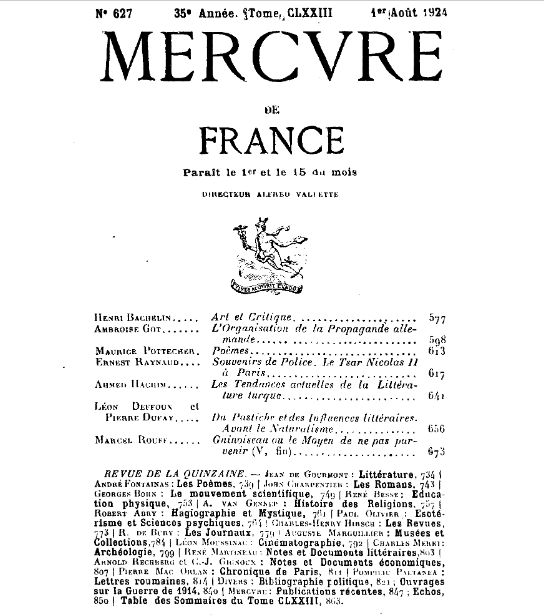 Ahmet Haşim'in Mercure de France dergisinde yer alan "Les Tendances Actuelles de la Littérature Turque" başlıklı makalesi.