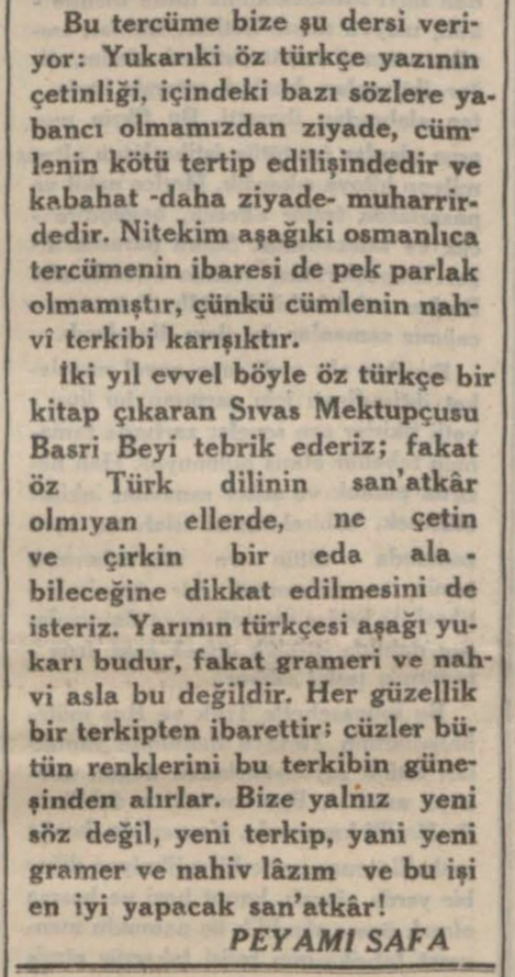 Peyami Safa'nın 1930 yılında basılan Dil Devrimi'nin etkisinin şiddetli bir şekilde görülen "Sivas Dünbiliği" adlı kitap hakkındaki görüşlerini içeren yazısı.